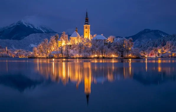 Winter, mountains, lake, reflection, island, Slovenia, Lake Bled, Slovenia
