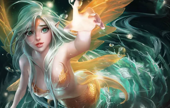 Picture girl, bubbles, fantasy, green eyes, anime, digital art, Mermaid, artwork