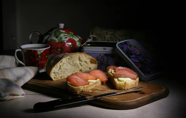 The dark background, tea, oil, food, fish, Breakfast, kettle, bread