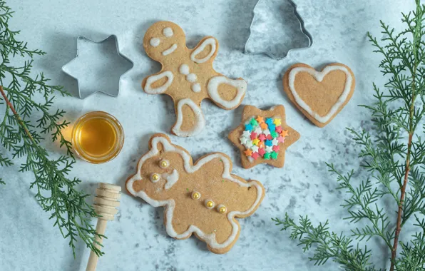 Table, cookies, Christmas, bear, man, New year, honey, needles