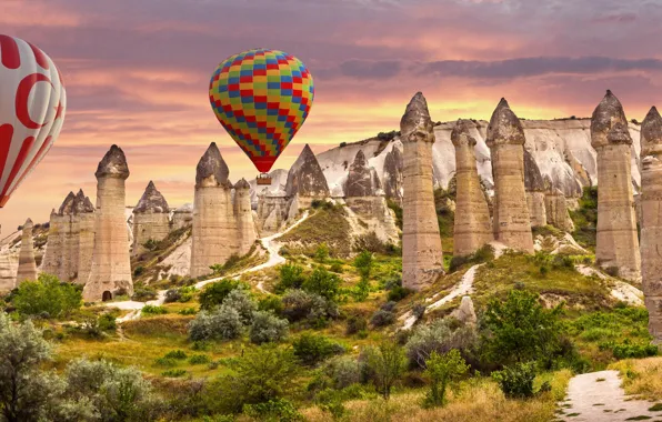 Landscape, sunset, nature, balloons, rocks, vegetation, Turkey, national Park