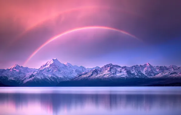 Rainbow, sky, landscape, New Zealand, nature, water, winter, mountains
