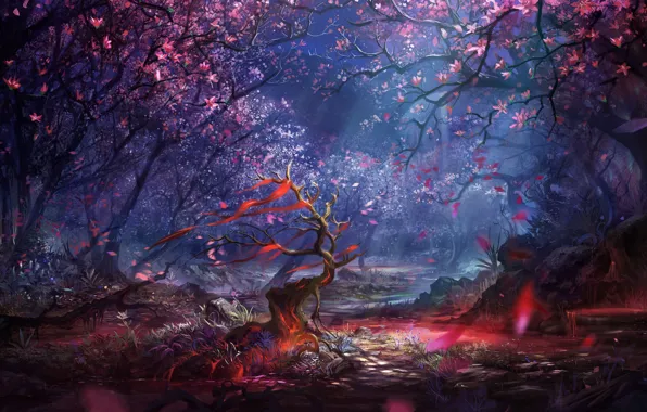 Picture forest, cherry, stones, blood, Sakura, blood, forest, tree