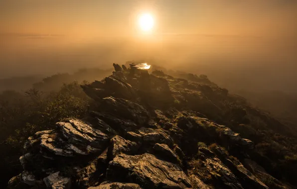 Picture the sun, mountains, fog, stones, rocks, dawn