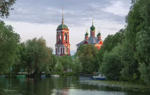 Trees, shore, Church, temple, pond