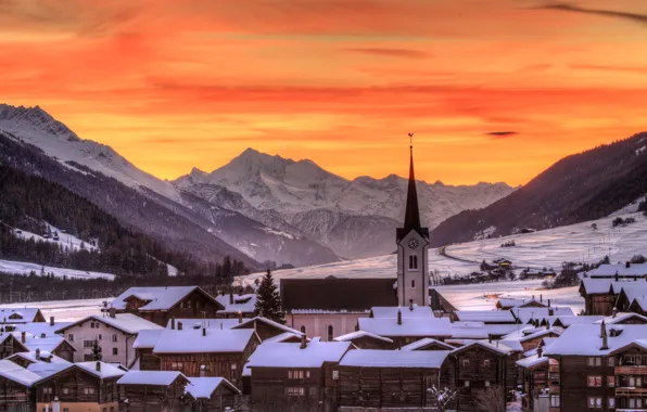 Switzerland, sunset, winter, Goms, Ulrichen