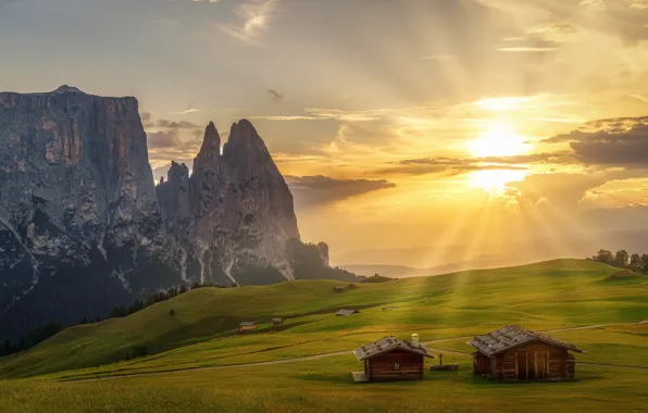 Field, mountains, dawn, morning, Alps, houses