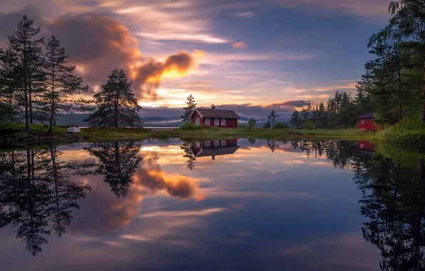 Sunset, lake, house