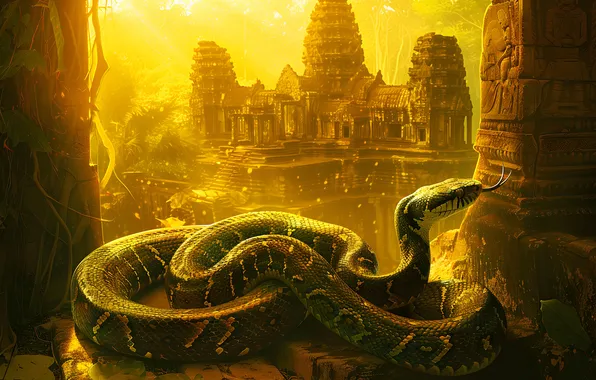 Snake, The building, Jungle, Art, Reptile, Animal, Digital art, The ancient city