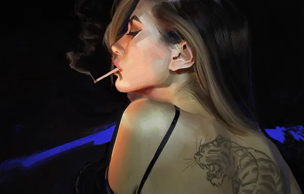 Girl, back, tattoo, art, cigarette, profile, black background, art
