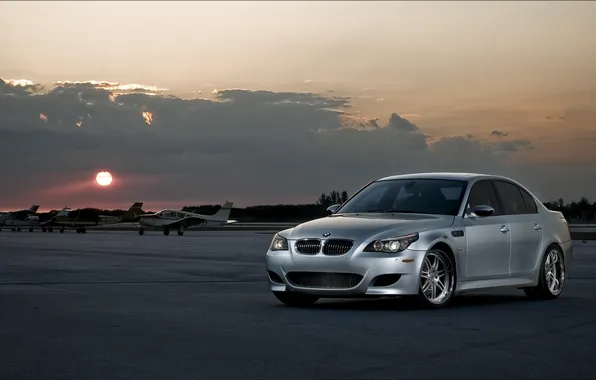 Picture the sky, clouds, sunset, BMW, silver, BMW, aircraft, silvery