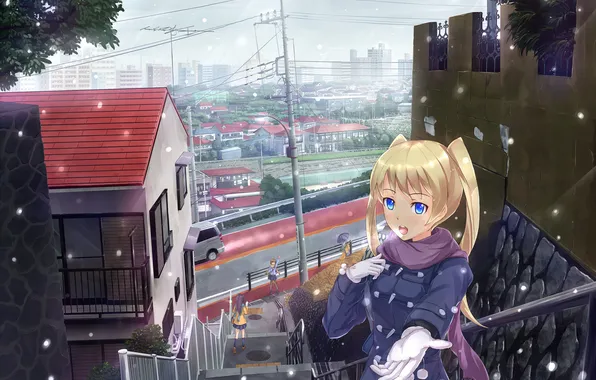 Snow, the city, girls, anime