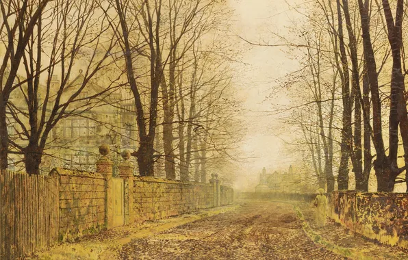 Road, autumn, leaves, John Atkinson Grimshaw, Golden Eve