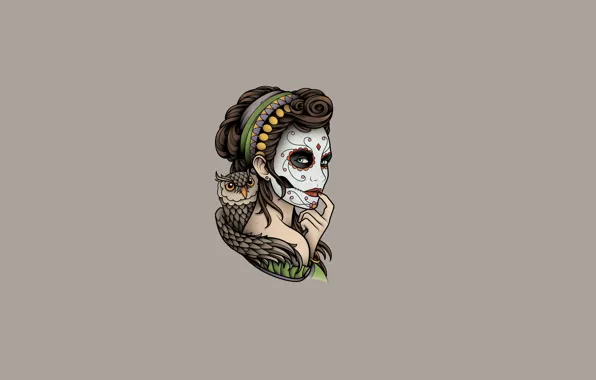 Girl, face, owl, bird, minimalism, owl