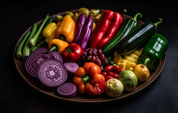 The dark background, food, harvest, bow, grapes, pepper, fruit, vegetables