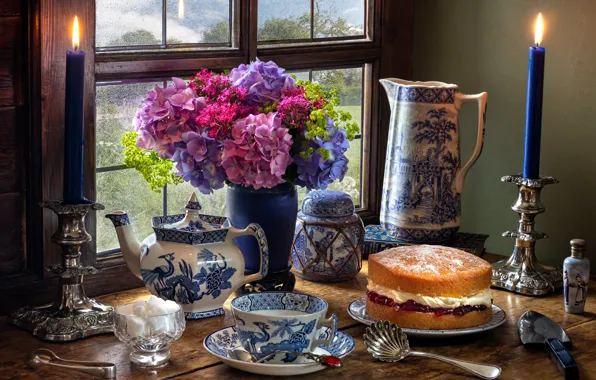 Candle, bouquet, window, cake, dishes, sugar, pitcher, still life