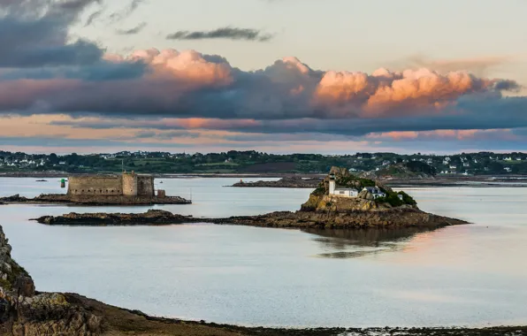 Picture sea, the sky, clouds, castle, shore, lighthouse, island, pond