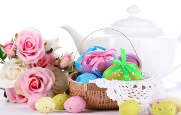 Flowers, holiday, roses, eggs, spring, kettle, Easter, basket