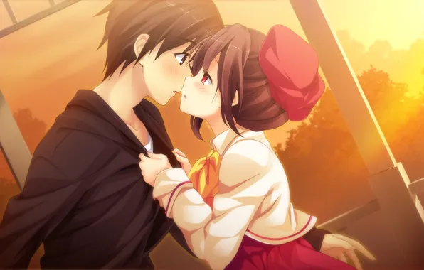 Picture girl, sunset, kiss, art, pair, guy, game cg, kanojo to ore to koibito to