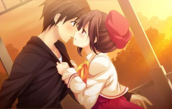 Girl, sunset, kiss, art, pair, guy, game cg, kanojo to ore to koibito to