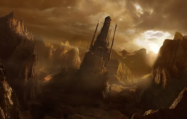 The sun, mountains, rocks, tower