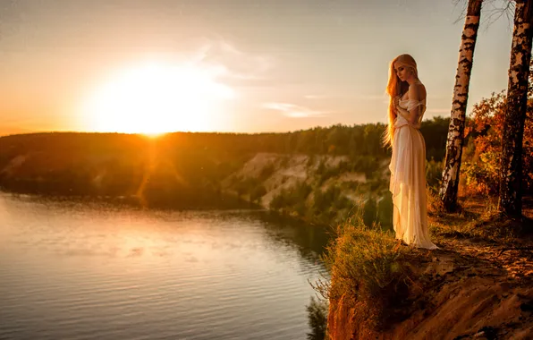 Sunset, The sun, Girl, Lake, Dress, Beautiful, Birch, Elena Davydova