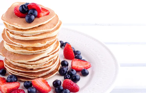 Blueberries, strawberry, plate, pancakes, pancakes