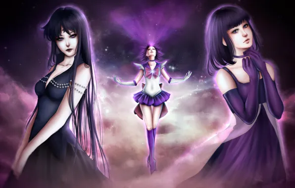 The sky, girl, stars, form, bow, bishoujo senshi sailor moon, sailor saturn, tomoe hotaru