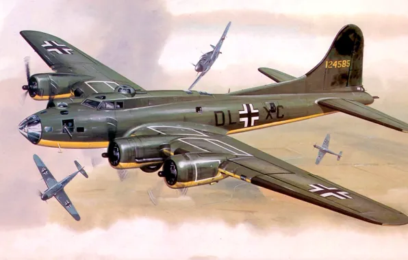 Figure, art, Boeing, training flight, B-17, bf-109, Flying fortress, Flying Fortress