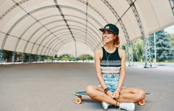 Girl, sexy, shorts, beautiful, cap, cute, skateboard, sneakers