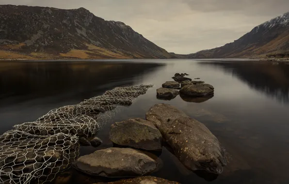 Mountains, lake, stones, overcast, shore, network, the slopes, pond