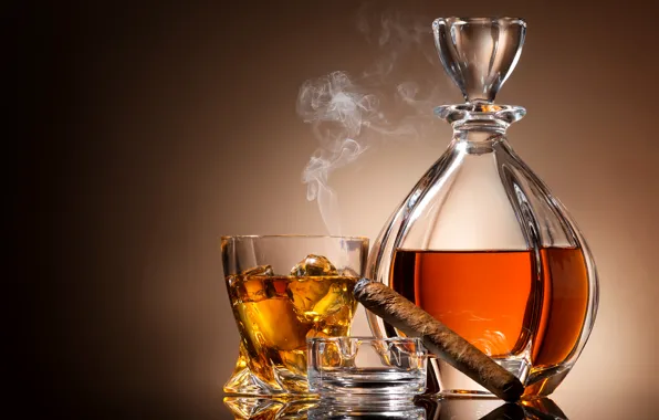 Glass, background, wine, smoke, ice, cigar, ashtray, decanter