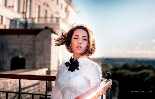 The sun, landscape, castle, model, portrait, makeup, hairstyle, railings