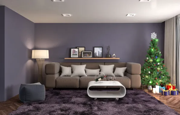 Rendering, room, sofa, holiday, wine, balls, toys, bottle
