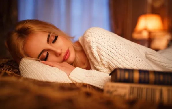 Picture face, books, sleep, makeup, sweater, closed eyes, sleeping girl, Marko Smiljanic