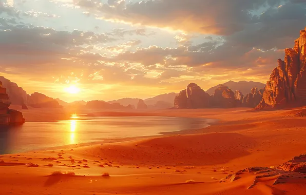 The sun, Sand, Clouds, Rocks, Dawn, Digital art, AI art, The Art of Artificial Intelligence