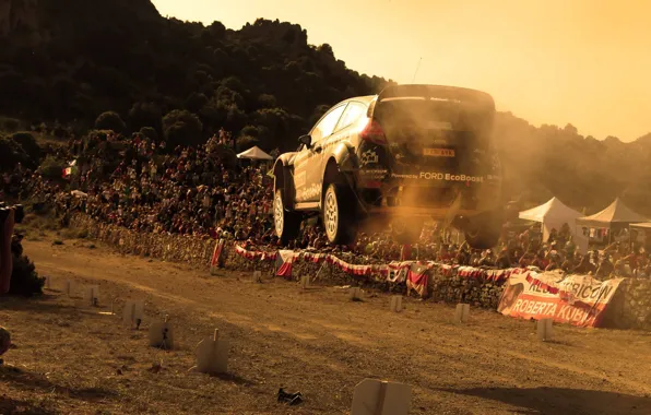 Picture sunset, jump, dust, ford, rally, wrc, the audience, fiesta