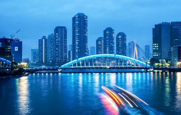 Picture the sky, clouds, bridge, lights, river, blue, skyscrapers, the evening