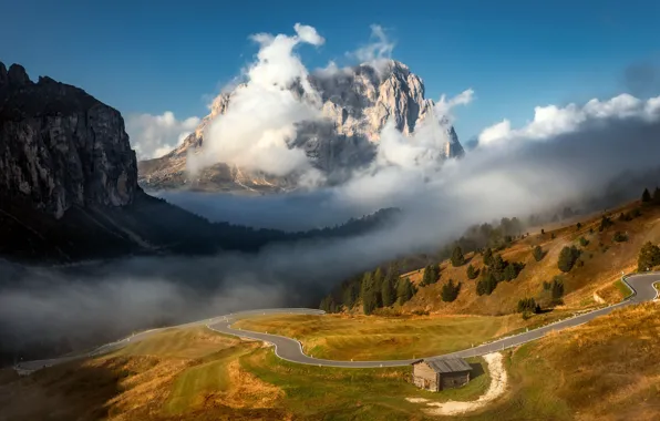 Picture road, clouds, landscape, mountains, nature, house, Alps, Alexander the Silent