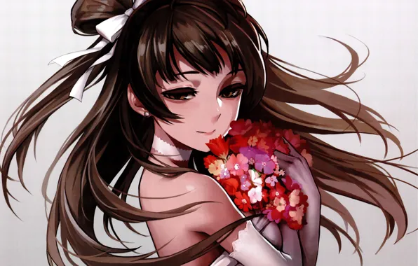 Bouquet, neckline, gloves, grey background, the bride, long hair, wildflowers, Love Live! School Idol Project