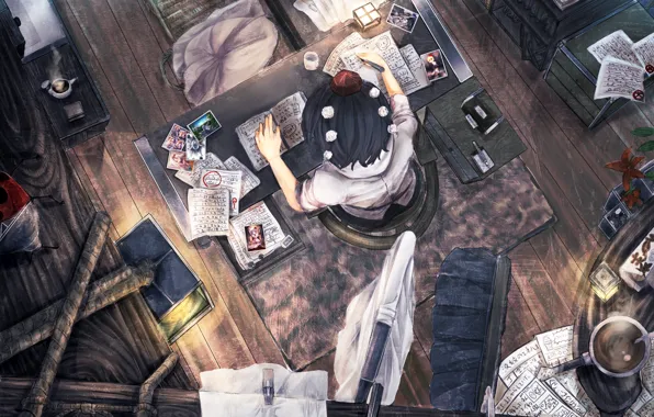 Table, room, sheets, touhou, mess, the view from the top, art, Aya Shameimaru