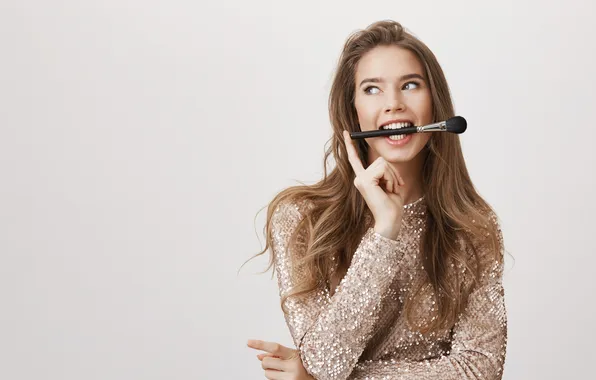 Woman, away, look, attractive, brush, mouth, hold