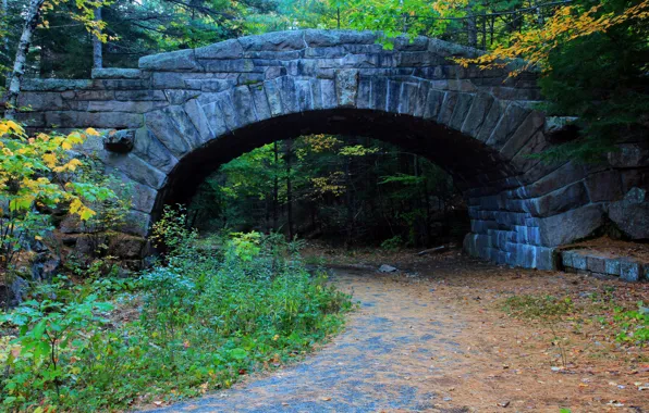 Road, autumn, leaves, landscape, bridge, stone, support, the bridge