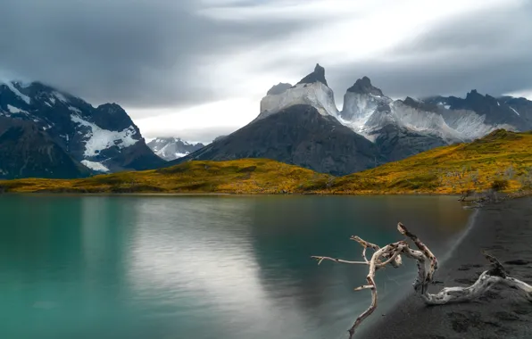 Autumn, clouds, snow, mountains, lake, overcast, hills, shore