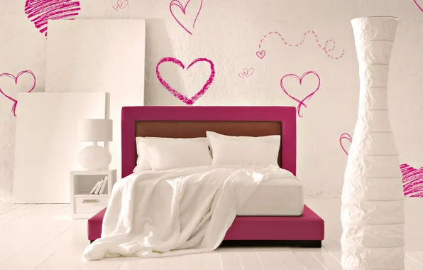 Bed, interior, hearts