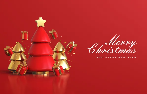 Picture Christmas, gifts, New year, red background, Christmas trees