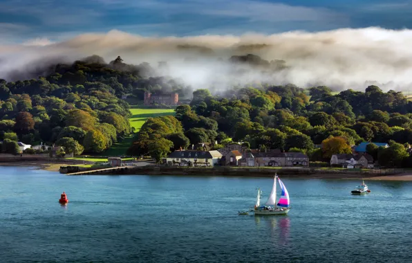 Summer, trees, castle, shore, boat, England, sailboat, boats