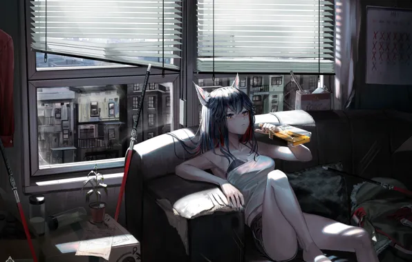 Girl, weapons, room, Texas, drinking, Arknights