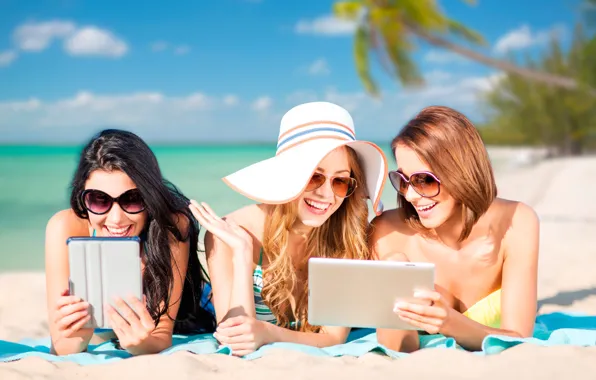 Sand, sea, the sky, the sun, clouds, joy, palm trees, girls