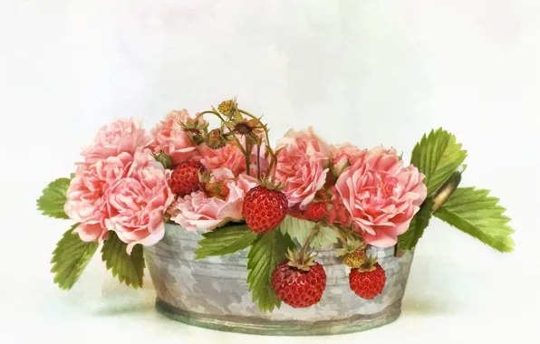 Leaves, flowers, berries, sprig, background, roses, bouquet, strawberries